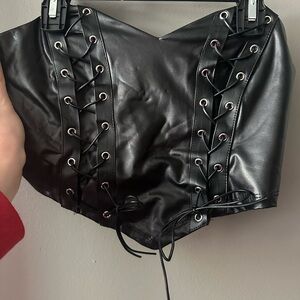 Black Lace-Up Faux Leather Corset Top and Skirt